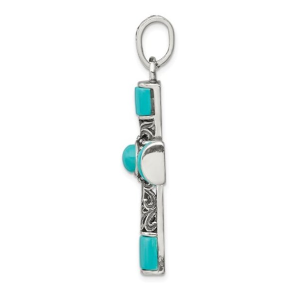 925 Sterling Silver Large Chunky Synthetic Turquoise Antiqued Cross Pendant - Picture 4 of 7